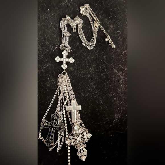 🔥SALE🔥Charming Charlie Silver Cross Necklace with Tassel - Picture 4 of 7